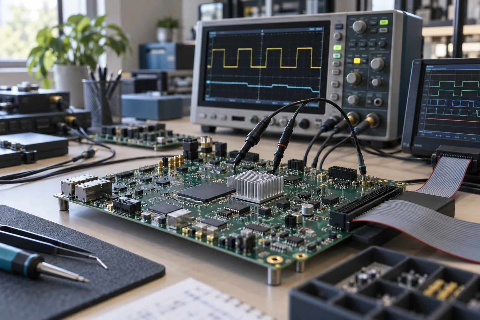 Electronics development bench with test equipment